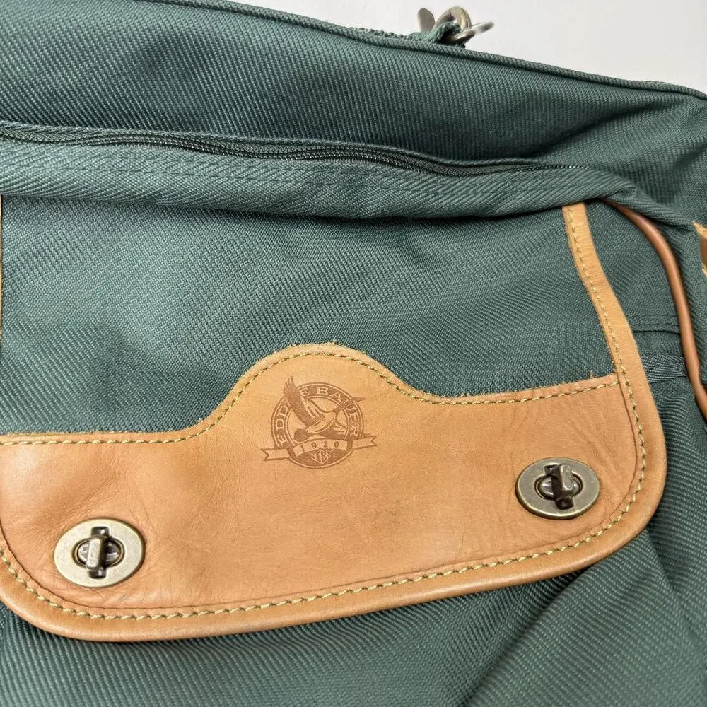 Eddie Bauer Garment Bag Green Nylon Leather Trim Travel Suit Carrier Luggage